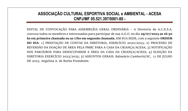 Convocação: Associação Cultural Esportiva Social e Ambiental