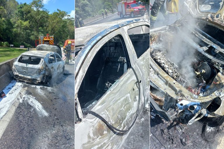 Carro pega fogo na BR-101 e motorista abandona veículo em chamas às margens da rodovia